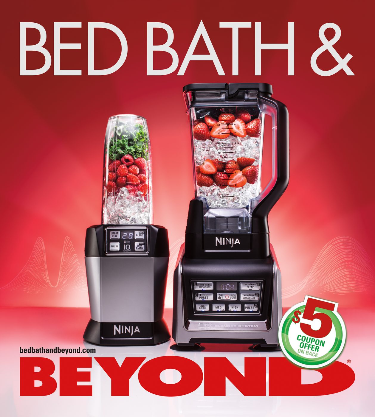 Finished red retail advertisement featuring two countertop blenders, fruit, ice, typography, and a coupon graphic
